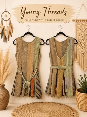 206 Young Threads Boho Patchwork Romper Green & Tan